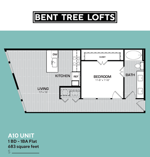 Floor plan for 1 bed, 1 bath, 683 sqft